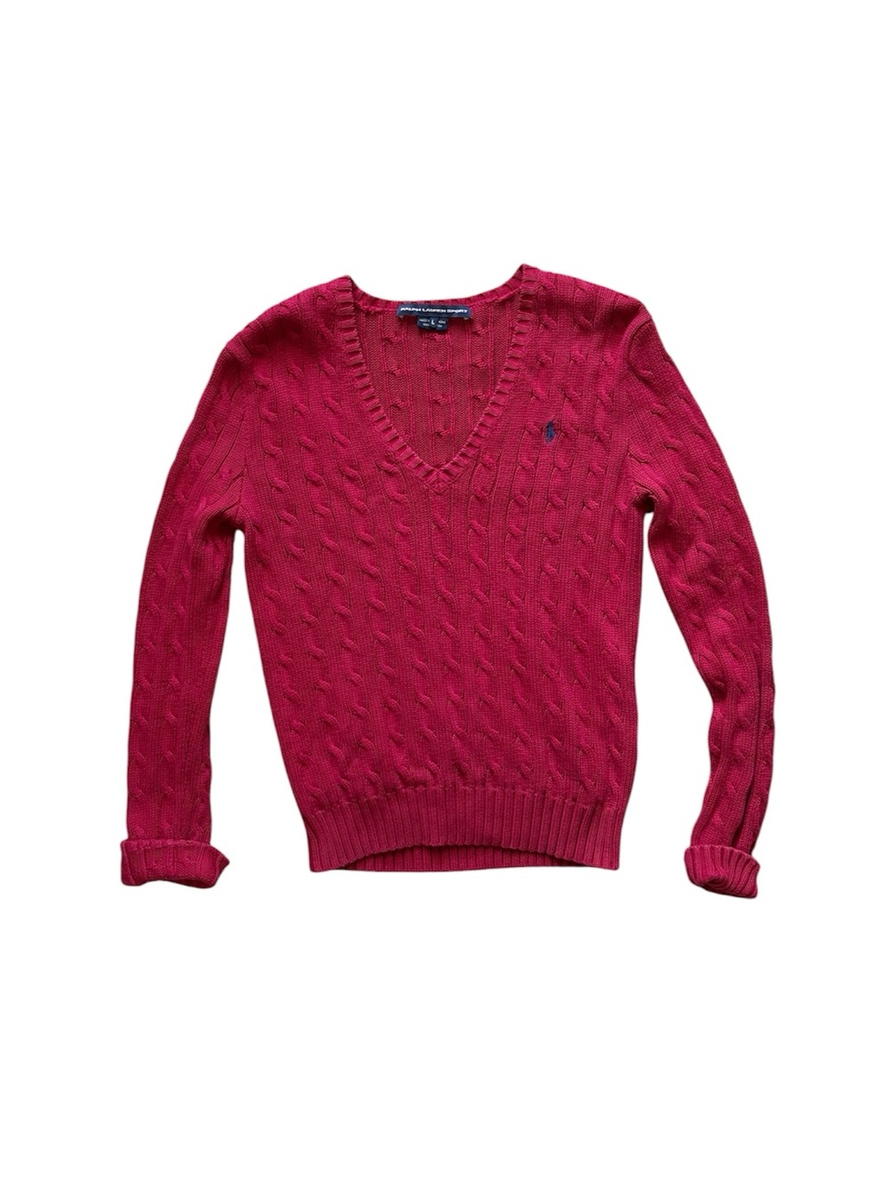 Vintage 90s Ralph Lauren Sport Red Cable Knit Sweater V-Neck Preppy L